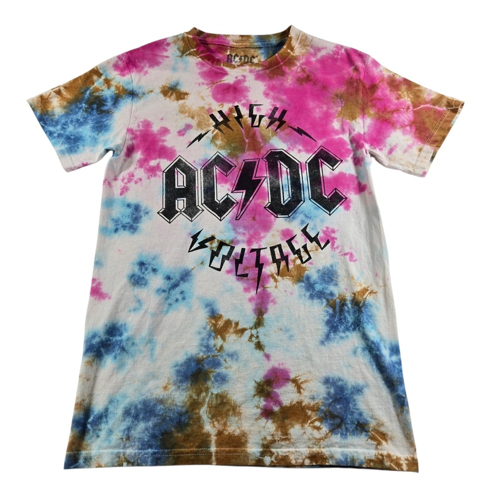 AC/DC High Voltage Tie Dye Graphic T-Shirt Pink Blue Brown Mens Small Cotton